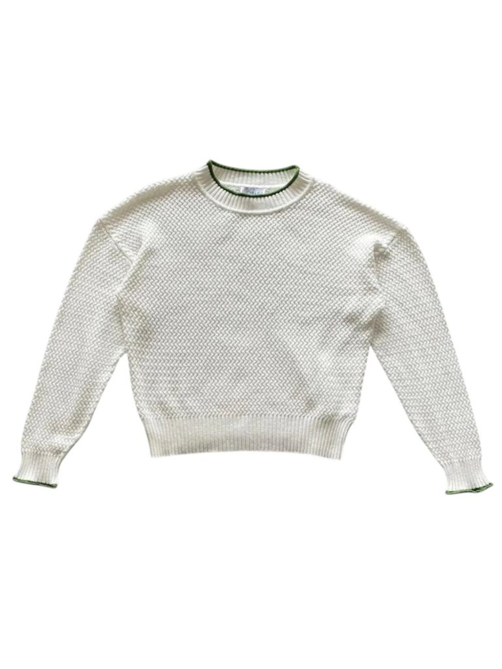 NWT Lucy Paris Textured Basketweave Knit Sweater Ivory/White w. Green Trim - S